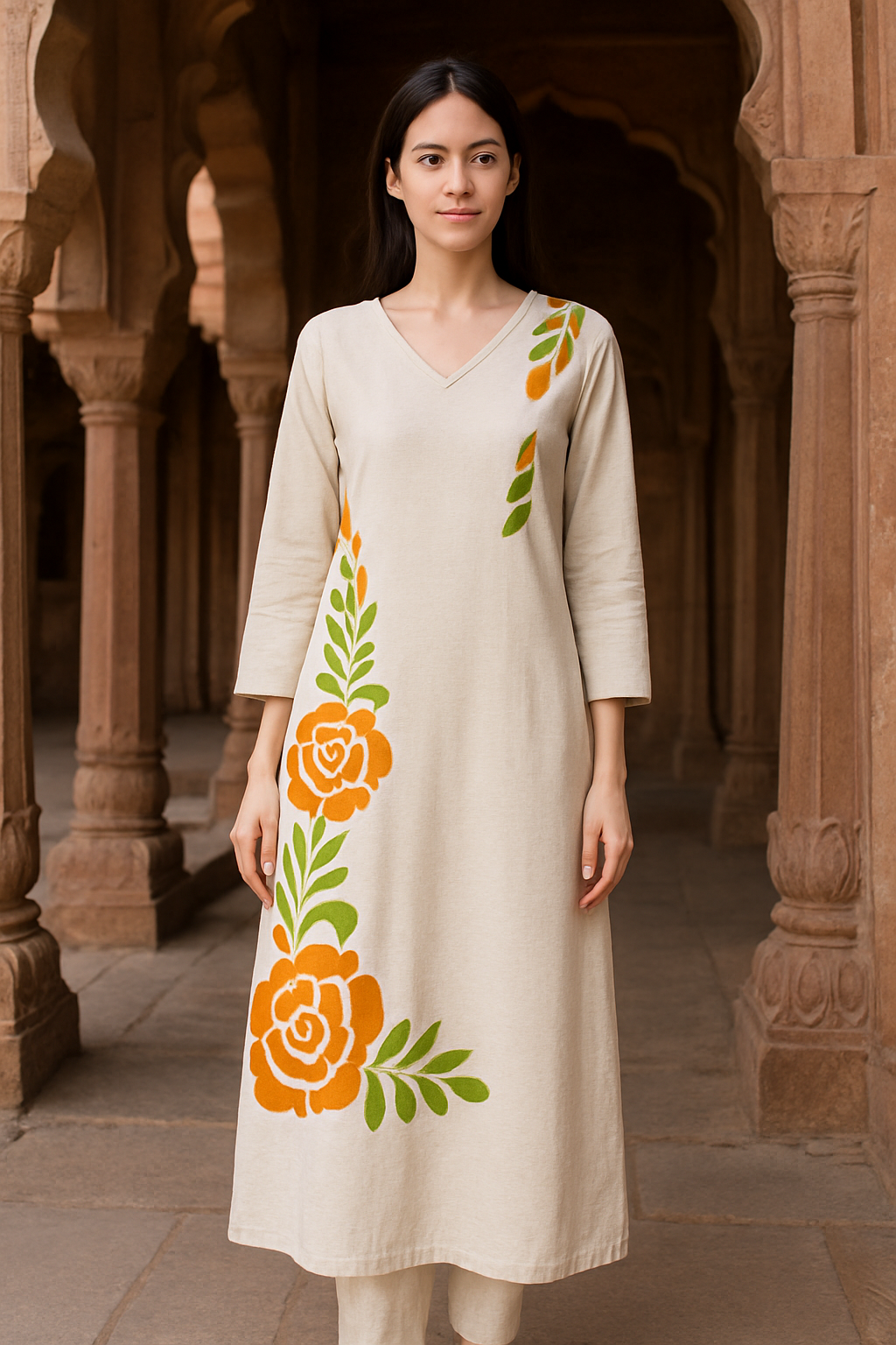 S1125 V Neck Hand Printed Cotton Kurthi with Pant