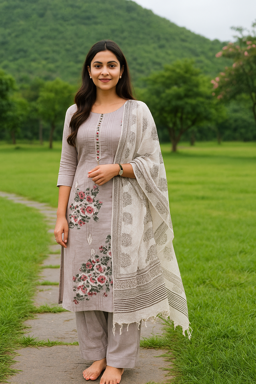 S1122 - Mul cotton embroidered Anarkali with pants and dupatta