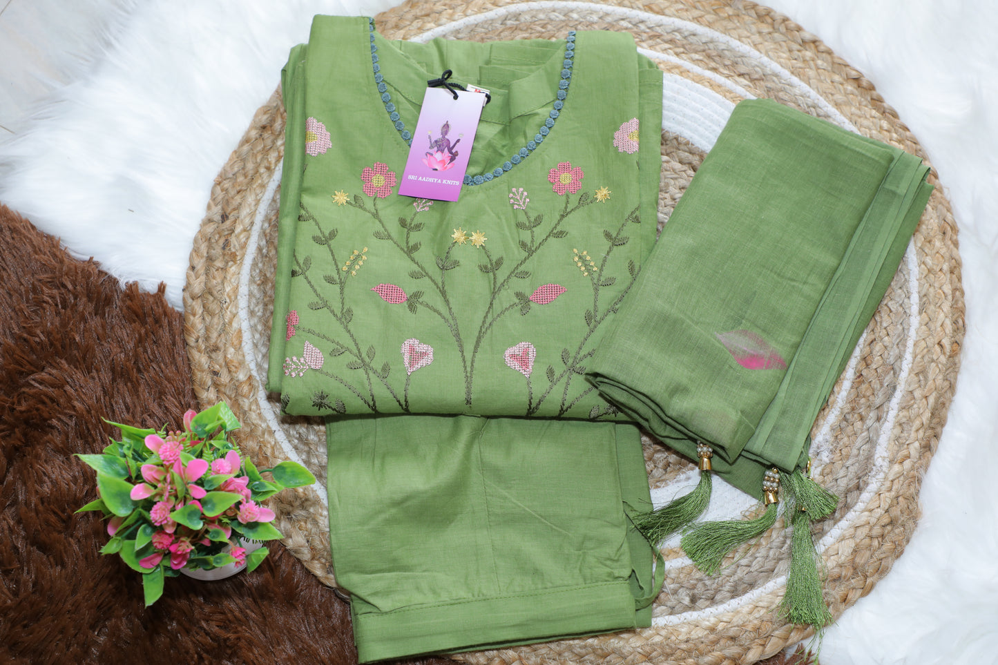 S-1111 Cotton Embroidery Kurthi Pant and Dupatta