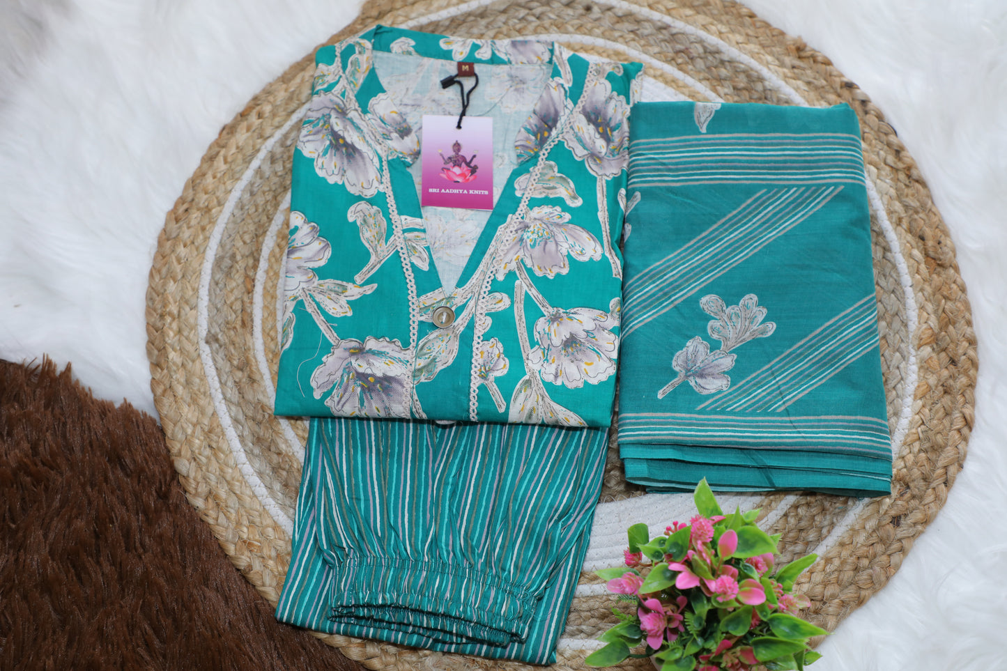 S1119 - V Neck Kurthi with Pant and Dupatta