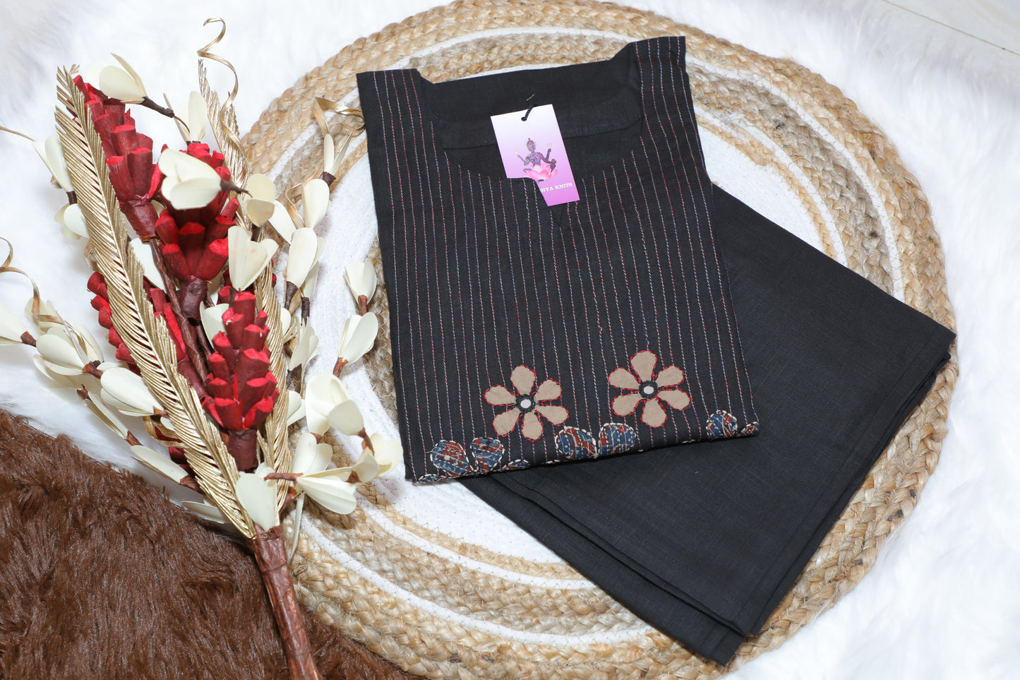 S1114- Cotton Embroidery Kurthi with Solid Palazzo Pant