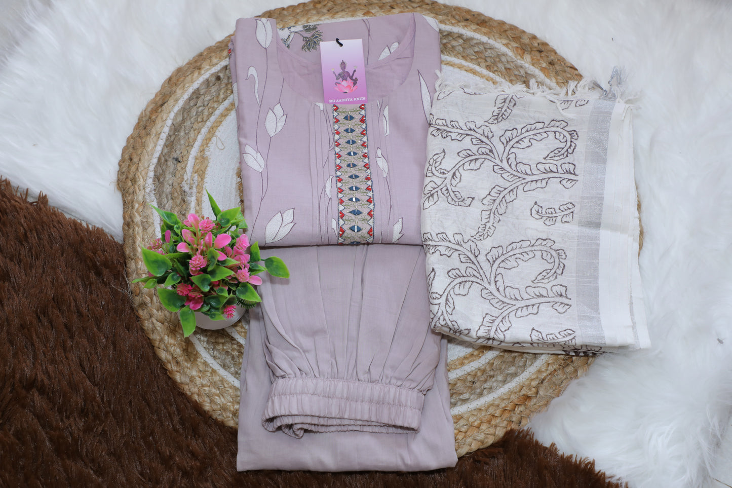 S1122 - Mul cotton embroidered Anarkali with pants and dupatta