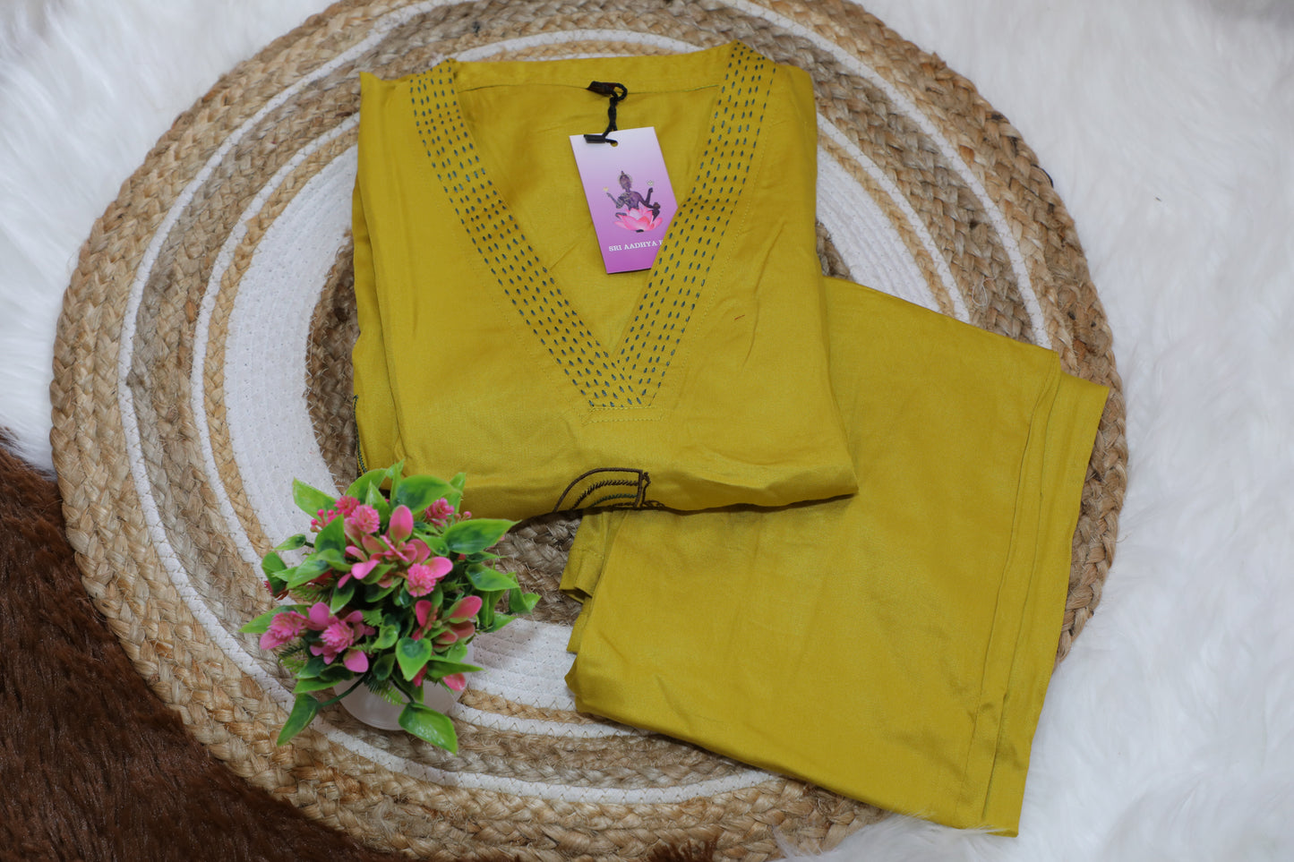 S1138 Rayon V Neck Embroidered Kurthi with Pant