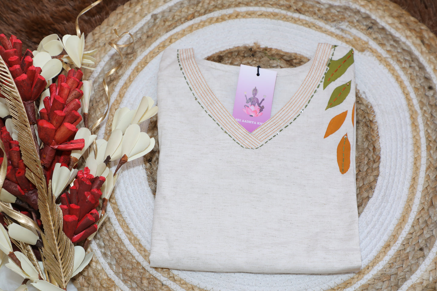 S1125 V Neck Hand Printed Cotton Kurthi with Pant