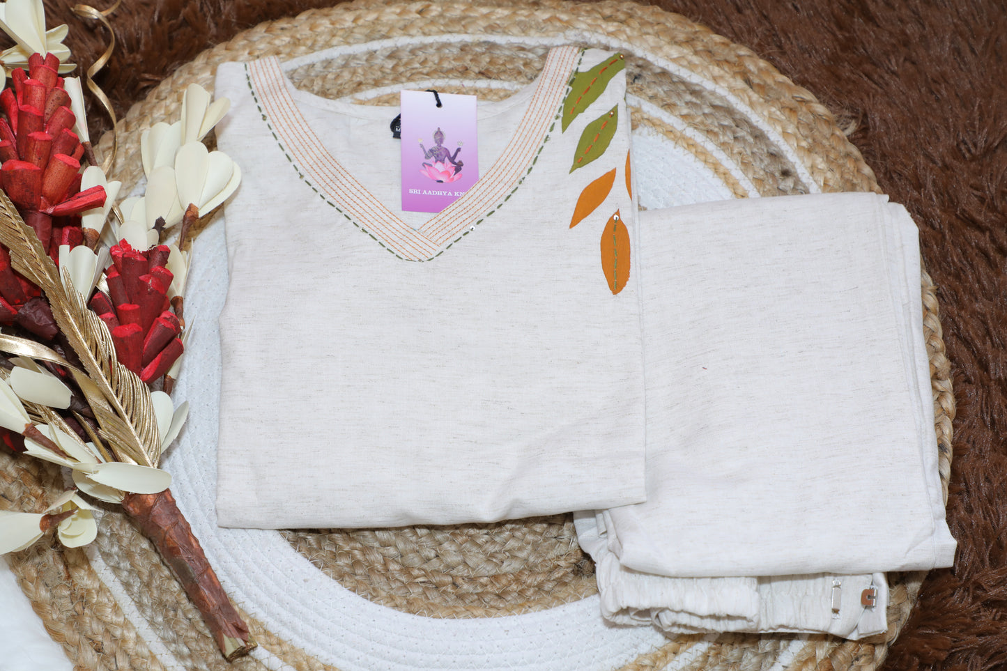 S1125 V Neck Hand Printed Cotton Kurthi with Pant