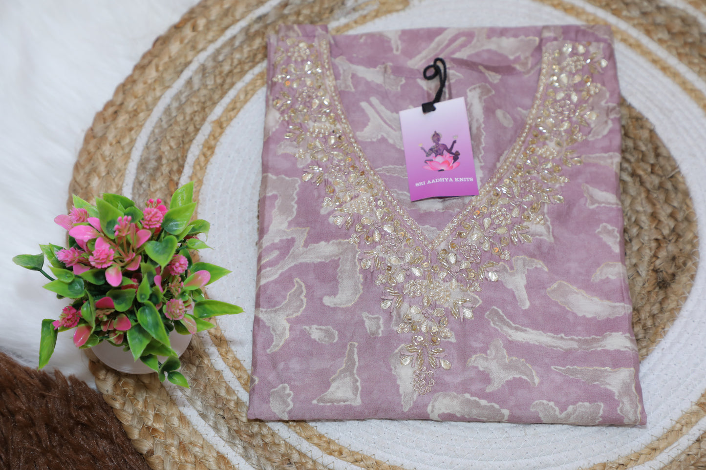 S1135 V Neck Cotton Embroidered Kurthi With Pant