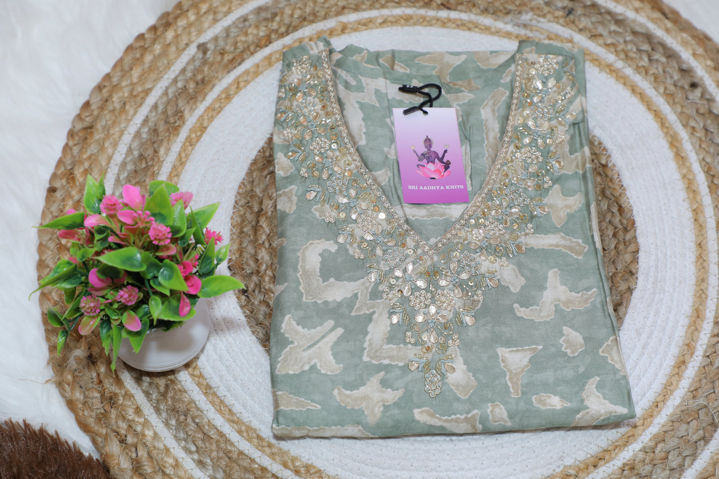 S1136 V Neck Cotton Embroidered Kurthi With Pant