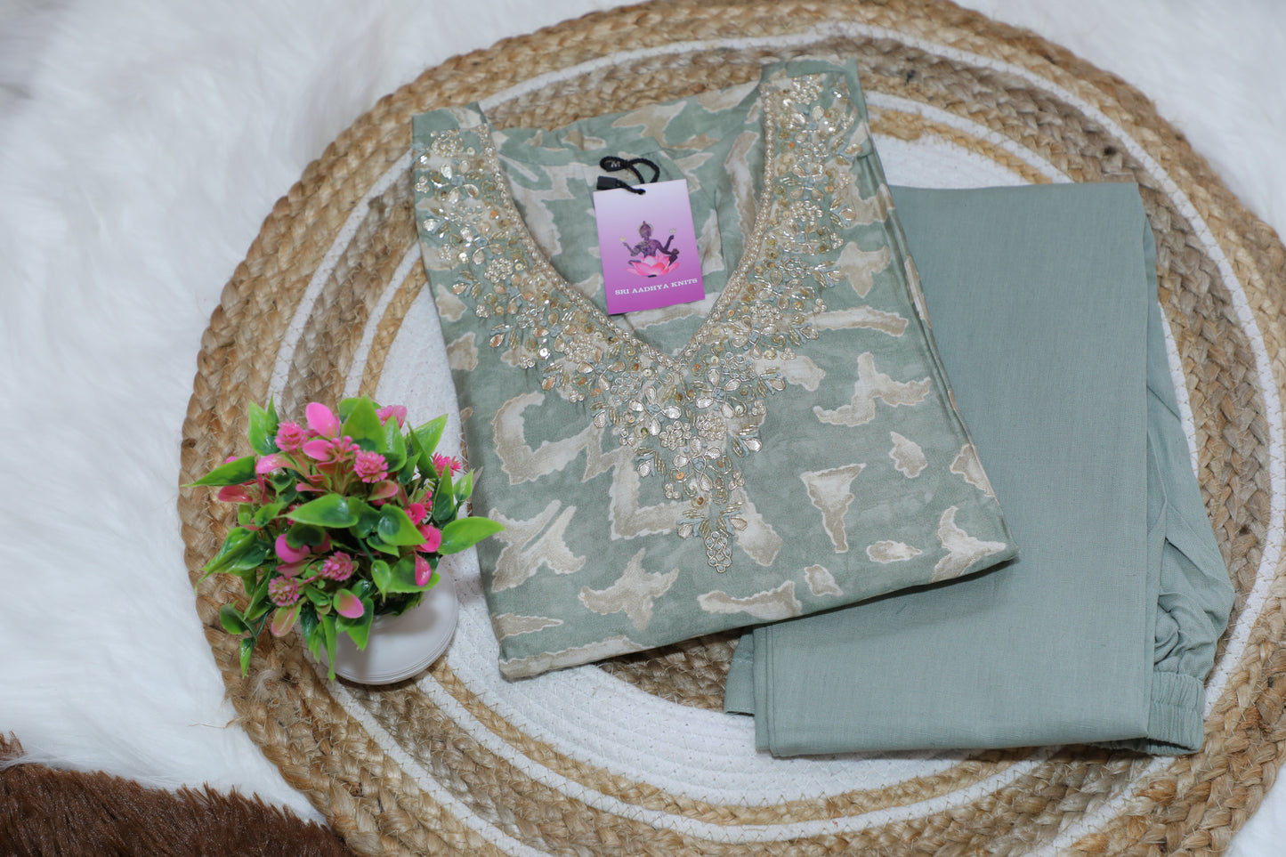 S1136 V Neck Cotton Embroidered Kurthi With Pant