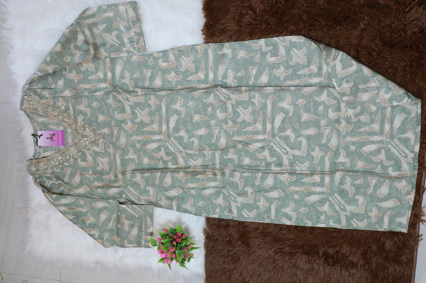 S1136 V Neck Cotton Embroidered Kurthi With Pant