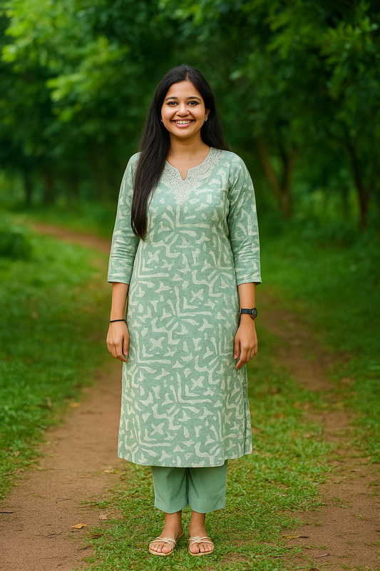 S1136 V Neck Cotton Embroidered Kurthi With Pant