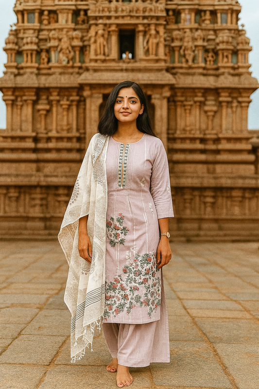 S1122 - Mul cotton embroidered Anarkali with pants and dupatta