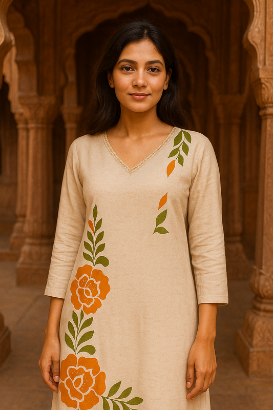 S1125 V Neck Hand Printed Cotton Kurthi with Pant